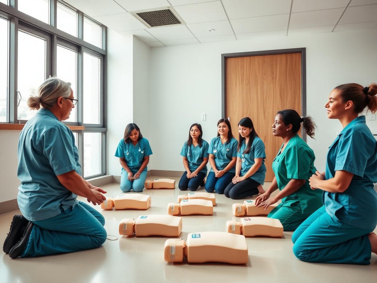 Equipe de clínica praticando SBV com manequins